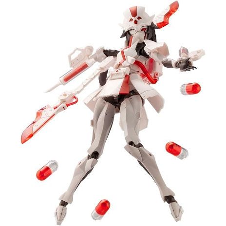 RUBY EYE, the second character in the Megalomaria Unlimited Universe lineup, is based on the concept of the nurse outfit.

This is a deluxe item outfitted with the Metamorphose Unit, a set which contains various medical tool-themed items, including syringes, scalpels, capsules, and a blood pack.
As with the first model, Principal, Ruby Eye is adept at performing a wide range of actions and recreating dynamic poses.
The skirt armor connects using 3mm joints and can be freely adjusted to recreate action poses