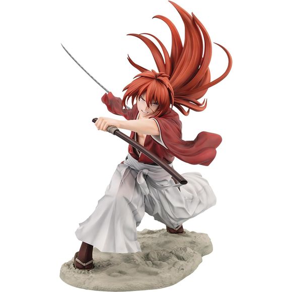 Kenshin Himura from the TV anime "Rurouni Kenshin -Meiji Swordsman Romantic Story-" gets a new "ARTFX J" figure from Kotobukiya! He's seen performing the two-stage battle technique "Souryu Sen," using his reverse-blade sword and sheath; the base is included as well. The movement of his hair and outfit create a sense of dynamic motion that'll make this figure the center of attention no matter where you display it!

[Figure Size]: Approximately 20.2cm (7.95") tall, including base