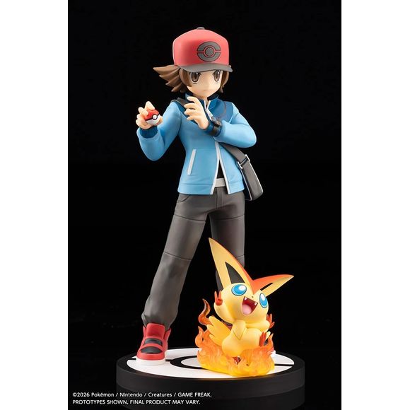 PRE-ORDER: Expected to ship in April of 2027.

From Pokémon Black Version and Pokémon White Version comes Hilbert with Victini as part of Kotobukiya's ARTFX J figure series!

Based on a newly commissioned illustration by Pokémon series artist Hitoshi Ariga, Hilbert is faithfully recreated in a familiar pose alongside the Victory Pokémon, Victini. Fine details bring the character to life, from the texture of Hilbert's shoes and his determined expression to the Xtransceiver on his wrist.

Victini is captured