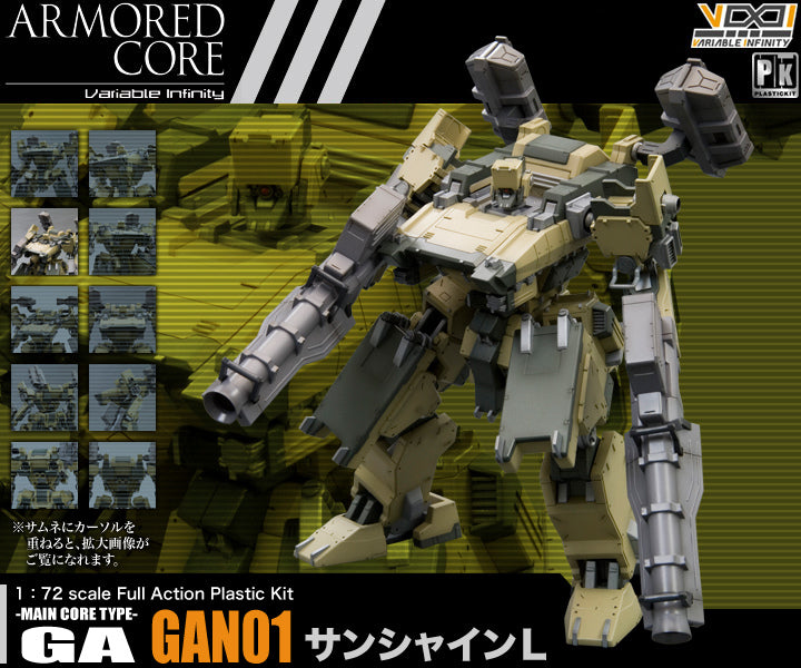 The latest edition to the Armored Core line of kits from Kotobukiya is the GN GAN01 Sunshine-L. What a nice name for something so massive and powerful. The Sunshine-L carries its two openable Cheyenne02 units on its back and wields its massive GAN01-SS-WB weapon on both arms. Parts are molded in color so no painting is required but a detailed color guide is included if you do want to paint it yourself.