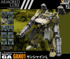 The latest edition to the Armored Core line of kits from Kotobukiya is the GN GAN01 Sunshine-L. What a nice name for something so massive and powerful. The Sunshine-L carries its two openable Cheyenne02 units on its back and wields its massive GAN01-SS-WB weapon on both arms. Parts are molded in color so no painting is required but a detailed color guide is included if you do want to paint it yourself.