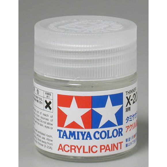 Tamiya Acrylic Paints are made from water-soluble acrylic resins and are excellent for either brush or spray painting. These paints can be used on styrol resins, styrofoam, wood, plus all of the common model plastics. The paint covers well, flows smoothly with no blushing or fading, and can be blended easily. 23ml screw top bottle. 

Proper ratio for paint thickness differs according to weather conditions. Rough guidelines of thinning ratio is 2:1-3:1 ( Tamiya Acrylic paint : thinner).

Continental US Shipp