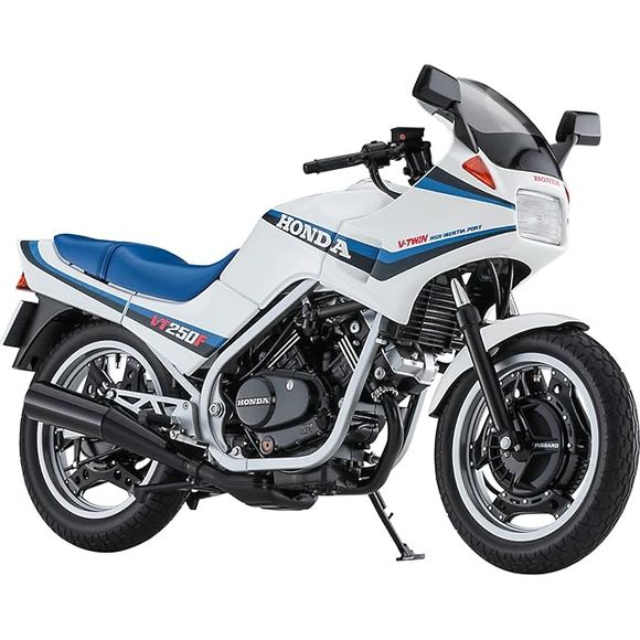 The Honda VT250F is a 250cc-class engine-equipped motorbike with a water-cooled 90-degree V-twin engine. It was released in 1982 as a high-performance road sports bike. In 1984, it underwent a full model change and further improved its performance. Because of the ease of handling unique to four-strokes, in addition to sports use, it was supported by a wide range of customers, from women to business use. This model kit from Hasegawa reproduces the second-generation VT250F in 1984, with a completely new mold