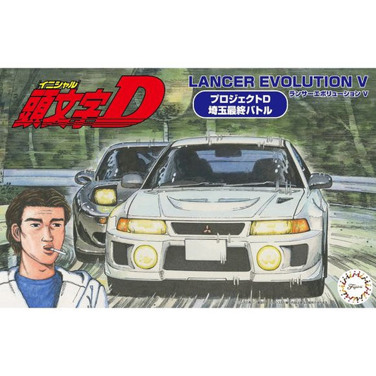 Sharp curbside kit of the Lancer Evolution as seen in the hot racing series Initial D, episode "Project D: Saitama Battle". Molded in white injection plastic with clear windows; tires are made of rubber. Excellent decals from Fujimi provide interior dashboard markings, body markings, and product decals as well; also included are 'blank' Shinagawa license plates, as well as numbers that you can add for a custom license plate.