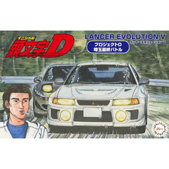 Sharp curbside kit of the Lancer Evolution as seen in the hot racing series Initial D, episode "Project D: Saitama Battle". Molded in white injection plastic with clear windows; tires are made of rubber. Excellent decals from Fujimi provide interior dashboard markings, body markings, and product decals as well; also included are 'blank' Shinagawa license plates, as well as numbers that you can add for a custom license plate.