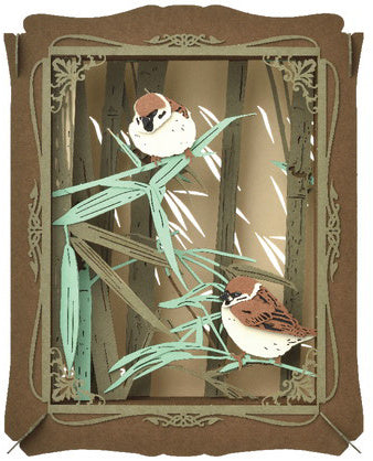 This relaxing scene from nature, featuring a pair of sparrows relaxing on bamboo branches, now joins the "Paper Theater" lineup from Ensky! Simply assemble the precision laser-cut paper pieces and glue them together, and you'll have a charming 3D-look item to display in your collection. Stand it up on a shelf or hang it on the wall -- either way, you'll love it! Order yours today!

[Size]: approximately 4 x 3.15 x 1.6 inches  when completed