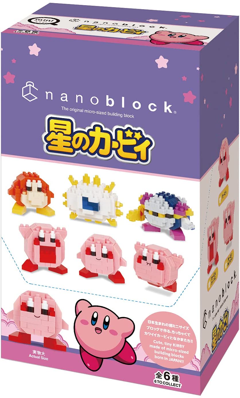 Kirby from Nanoblock Mininano Series is now available! It's an assortment of 6 characters. Each one stands approximately 1.14" tall and has 70 pieces on average. Based on a scale from 1 to 5, the difficulty level is 1. This kit features all the details one would expect and is fun to build! This complete box contains one of each variety (a complete set). [Set Contents] Kirby x 3, Waddle Dee x 1, Kracko x 1, Meta Knight x 1.