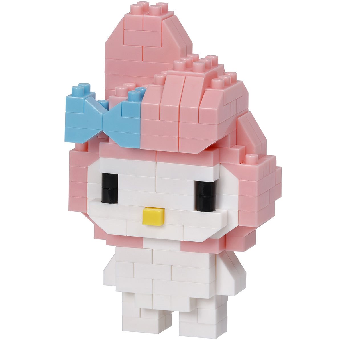 My Melody from Nanoblock's Character Collection Series stands approximately 2.55" tall and has 170 pieces. Difficulty level is 2. This kit features all the details one would expect.

Details:
Size: Approx 2.5 inches tall
Material: ABS
Manufacturer: Kawada
170 pieces
Assembly required