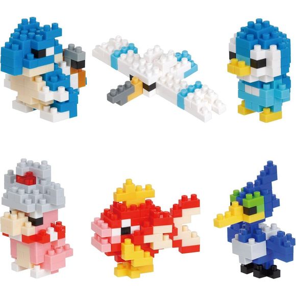 Pokemon Type Water from Nanoblock Mininano Series is an assortment of  6 characters (Blastoise, Wingull, Piplup, Slowking, Magikarp, Cramorant). Each stands approximately 1.49" tall on average.This is considered an entry level kit.

Note: Warning, small pieces. Keep away from small children/animals.