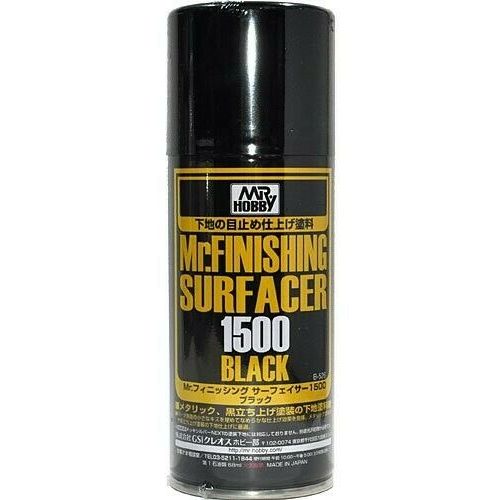 Mr.SURFACER 1500 contains finer granules than Mr.SURFACER 1000. They are both used in much the same way but due to the finer granules after sanding with waterproof sand-paper, a perfectly corrected surface is possible. Available in bottle and spray. This is a black version of the Finishing Surfacer. This black base allows the omission of the painting of a black coat before applying a metallic color and reduces the thickness of painting. 170ml.

Continental USA Shipping only, no expedited shipping availabl