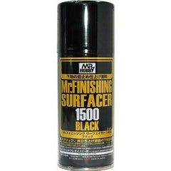 Mr.SURFACER 1500 contains finer granules than Mr.SURFACER 1000. They are both used in much the same way but due to the finer granules after sanding with waterproof sand-paper, a perfectly corrected surface is possible. Available in bottle and spray. This is a black version of the Finishing Surfacer. This black base allows the omission of the painting of a black coat before applying a metallic color and reduces the thickness of painting. 170ml.

Continental USA Shipping only, no expedited shipping availabl