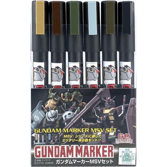 This set of six paint markers from GSI Creos is perfectly matched to the colors seen in "Gundam MSV" (Mobile Suit Variations)! They'll make it easy and fun to paint your Gundam model kits in accurate colors. Six paint markers are included:

MSV Dark Yellow
MSV Red Brown
MSV Dark Green
MSV Light Blue
MSV Brown Green
MSV Dark Gray
Order yours now!