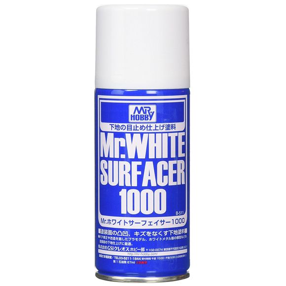 Since it is white, Mr.WHITE SURFACER is used to modify plastic model parts that are black or dark in color. If this is used on the entire model, only a thin over-coat of paint in the desired color is necessary.  Available in bottle and spray.  170ml.

Continental USA Shipping only, expedited shipping is not available on this item.