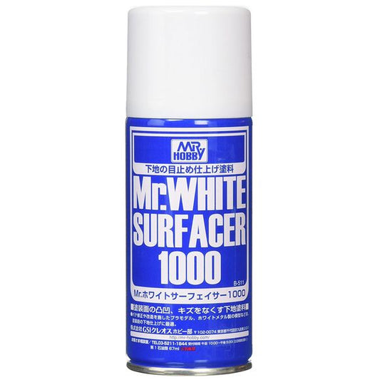 Since it is white, Mr.WHITE SURFACER is used to modify plastic model parts that are black or dark in color. If this is used on the entire model, only a thin over-coat of paint in the desired color is necessary.  Available in bottle and spray.  170ml.

Continental USA Shipping only, expedited shipping is not available on this item.
