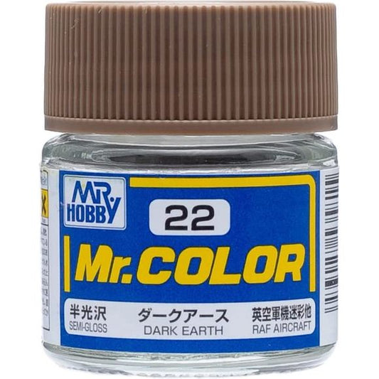 Mr Color paint, suitable for hand brushing & airbrushing, with good adhesion & fast drying is one of the finest scale modelling / hobby paints available. Solvent-based Acrylic, thin with Mr Color Thinner or Mr Color Levelling Thinner. Treat paint as a lacquer. C22 Dark Earth Semi-Gloss. 10ml screw top bottle.

1 - 2 coats are recommended when brush painting
2 - 3 coats when using an air brush - after diluting to a ratio of 1 (Mr.Color) : 1-2 (Mr. thinner).
Mix in 5 - 10% of Flat Base to make glossy colo