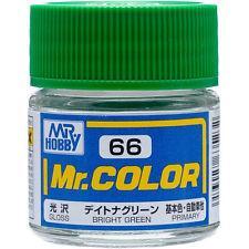 Mr Color paint, suitable for hand brushing & airbrushing, with good adhesion & fast drying is one of the finest scale modelling / hobby paints available. Solvent-based Acrylic, thin with Mr Color Thinner or Mr Color Levelling Thinner. Treat paint as a lacquer. C66 Bright Green Gloss Primary. 10ml screw top bottle.

1 - 2 coats are recommended when brush painting
2 - 3 coats when using an air brush - after diluting to a ratio of 1 (Mr.Color) : 1-2 (Mr. thinner).
Mix in 5 - 10% of Flat Base to make glossy