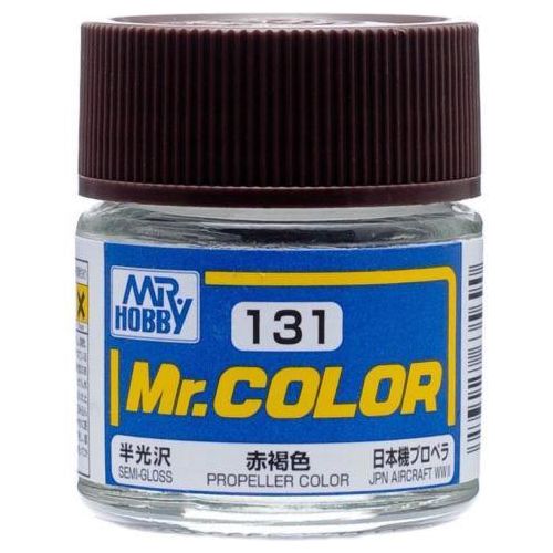 Mr Color paint, suitable for hand brushing & airbrushing, with good adhesion & fast drying is one of the finest scale modelling / hobby paints available. Solvent-based Acrylic, thin with Mr Color Thinner or Mr Color Levelling Thinner. Treat paint as a lacquer. C131 Propeller Color JPN WWII Aircraft Semi-Gloss. 10ml screw top bottle.

1 - 2 coats are recommended when brush painting
2 - 3 coats when using an air brush - after diluting to a ratio of 1 (Mr.Color) : 1-2 (Mr. thinner).
Mix in 5 - 10% of Flat