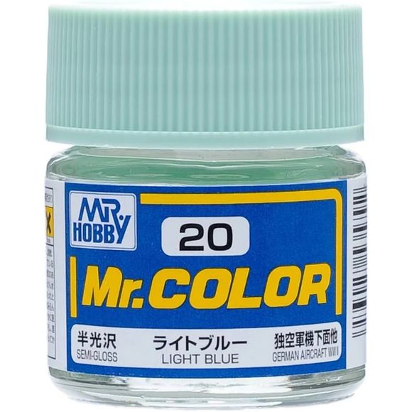 Mr Color paint, suitable for hand brushing & airbrushing, with good adhesion & fast drying is one of the finest scale modelling / hobby paints available. Solvent based acrylic, thin with Mr Color Thinner or Mr Color Levelling Thinner. C20 Semi-Gloss Light Blue. 10ml screw top bottle.

Continental US Shipping Only, ground transport only.  No Expedited shipping.