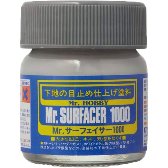 Mr.SURFACER 1000 contains finer granules than Mr.SURFACER 500. They are both used in much the same way but due to the finer granules after sanding with waterproof sand-paper, a perfectly corrected surface is possible. Available in bottle and spray. Provides neutral color background and prepares surface for paint application. 40ml.  Shipping in continental US only, ground shipping only - no expedited service.