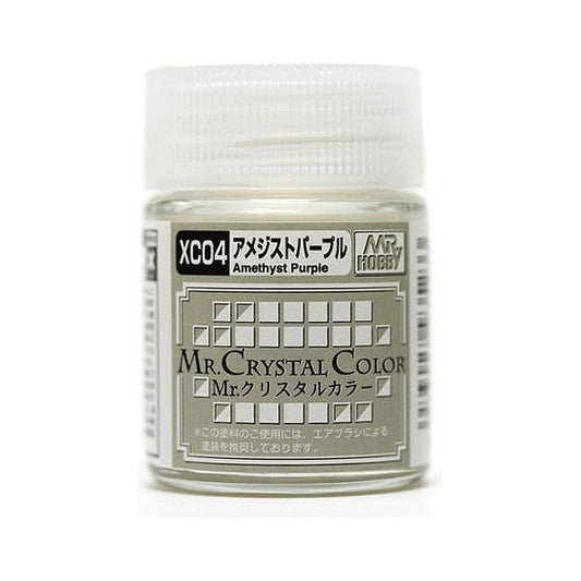 Mr. Crystal Color can offer a totally different dimension of metallic sense from existing pearl paint or metallic paint. The pearl color shows up in different shades depending on whether the base color is black or white. Moreover, when clear paint is used for over coating, an extra special metallic texture can be achieved. XC04 Amethyst Purple. 18ml Bottle. Continental USA Shipping only, unable to ship expedited on this product.