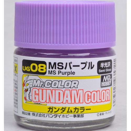 Mr Gundam Color paint, suitable for hand brushing & airbrushing, with good adhesion & fast drying is one of the finest scale modelling / hobby paints available. Solvent-based Acrylic, thin with Mr Color Thinner or Mr Color Levelling Thinner. Treat paint as a lacquer.  UG08 MS Purple Semi-Gloss Paint. 10ml screw top bottle.

1 - 2 coats are recommended when brush painting
2 - 3 coats when using an air brush - after diluting to a ratio of 1 (Mr.Color) : 1-2 (Mr. thinner).
Mix in 5 - 10% of Flat Base to ma