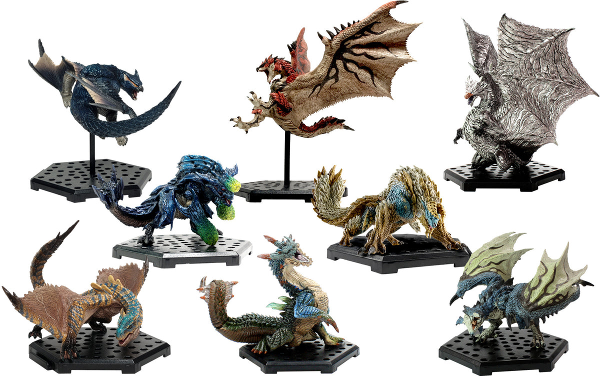 Capcom commemorates the 20th anniversary of the "Monster Hunter" game series with a lineup of intensely detailed miniature monsters! This luxurious lineup features previously released beasts ranging from "Monster Hunter (2004)" to "Monster Hunter 3 (2011)." Each one comes with a package art card; there are eight different magnificent monsters to collect and trade, you will receive 1 random figure