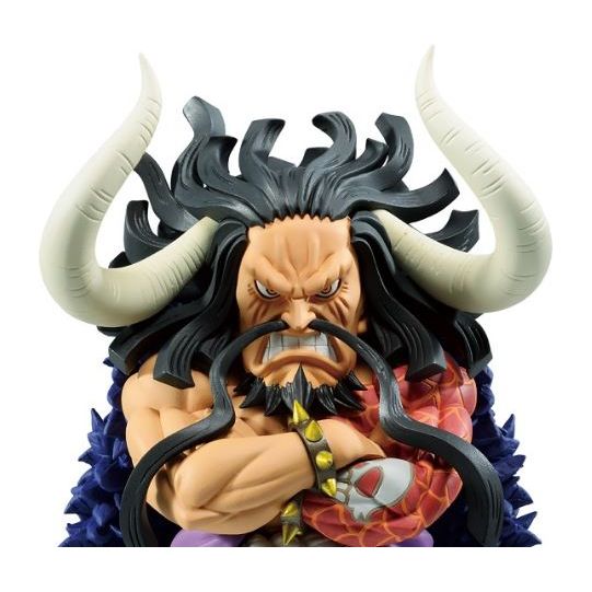 This figure of Kaido stands strong. Wearing his royal blue, feathered overcoat, and a menacing scowl, this Kaido figure is sure to make a great addition to your One Piece collection!  Made of plastic.