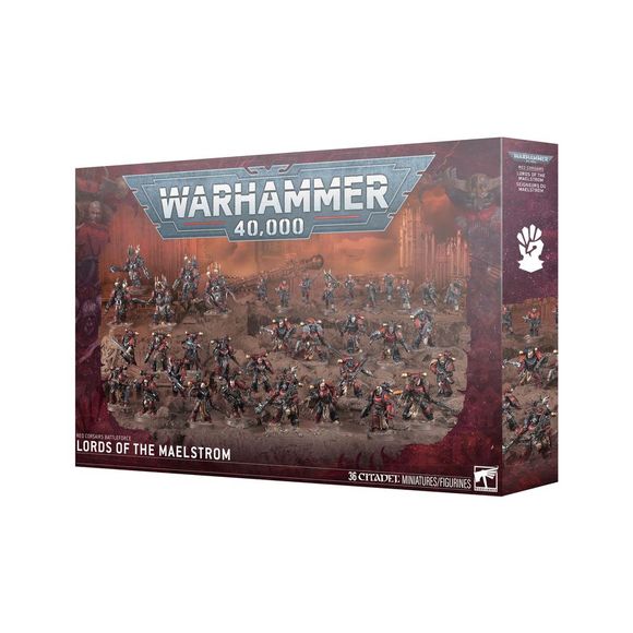 Release Date 2/28/2026
This boxed set builds 36 multipart plastic Chaos Space Marines miniatures:
– 1x Red Corsairs Reave-Captain
– 10x Red Corsairs Raiders
– 5x Red Corsairs Chaos Terminators
– 10x Red Corsairs Legionaries
– 10x Traitor Guardsmen
– 1x Red Corsairs Upgrade Frame
This kit comprises 602 plastic components, 6x Citadel 40mm Round Bases, 10x Citadel 25mm Round Bases, and 20x Citadel 32mm Round Bases. These miniatures require assembly and are supplied unpainted – we recommend using Citadel Plasti