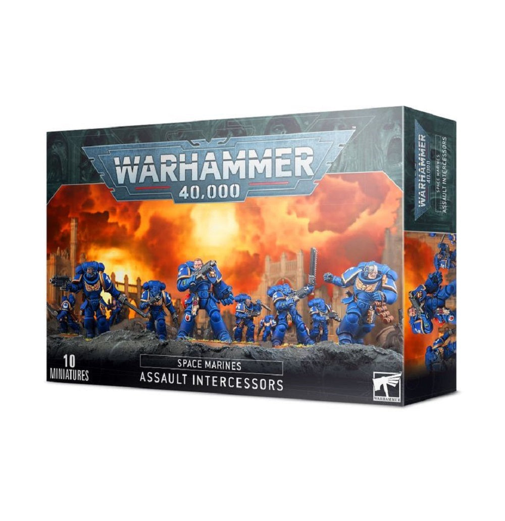 This multipart plastic kit contains the components necessary to assemble a set of 10 Assault Intercessors.