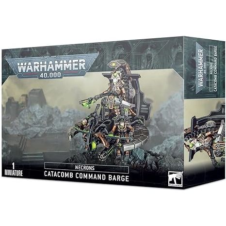While embarked upon a Command Barge, a Necron Overlord is able to oversee the battle, ensuring that his troops are engaged with appropriate targets and that everything is going to plan. The Command Barge is a striking and imposing model. Adorned with Necron iconography and dynastic glyphs, it makes for an impressive addition to any Necron collection. It features a scythe-like mid section, the points of which surround two Necron minions that attend the control dashboard. Above them, a skeletal Necron Lord st
