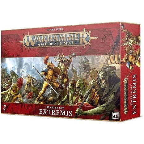 This boxed set includes:
1x 80-page Extremis Edition Book, 1x Core Rules Book, 6x Warscroll Cards and 2x Allegiance Ability Cards, 5x Citadel Terrain, A 30" by 22.4" double-sided gaming board, 2x range rulers and 10x dice, 2x Rules Reference Sheets, & 32x Plastic Push-fit Citadel Miniatures which include 2 factions: 10x Stormcast Eternals: 1x Lord-Imperatant with 1x Gryph-hound, 3x Praetors, & 5x Vindictors. & 22x Kruleboyz: 1x Swampcalla Shaman with 1x Pot-grot, 10x Gutrippaz, & 10x Hobgrot Slittaz. Miniat