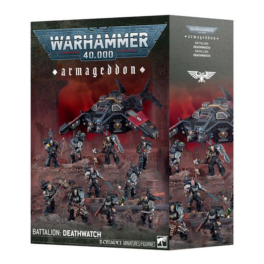 Release Date 5/9/2026
This boxed set builds 11 multipart plastic Deathwatch miniatures:
– 1 Corvus Blackstar
– 10 Deathwatch Kill Team miniatures
Contents:
– 375 plastic components
– 1 Citadel 120mm by 92mm Oval Base
– 2 Citadel 40mm Round Bases
– 8 Citadel 32mm Round Bases
– 1 Citadel 115mm Ball Stem
– 1 construction guide

These miniatures require assembly and are supplied unpainted. We recommend:
– Citadel Tools: Super Fine Detail Cutters
– Warhammer Colour Plastic Glue
– Citadel Colour paints