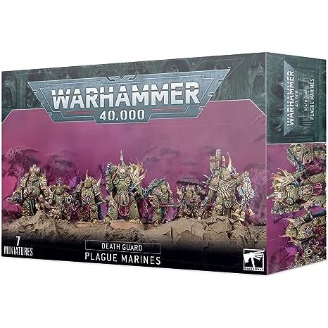 This multi-part plastic kit contains the components necessary to assemble a 7-man squad of Plague Marines.