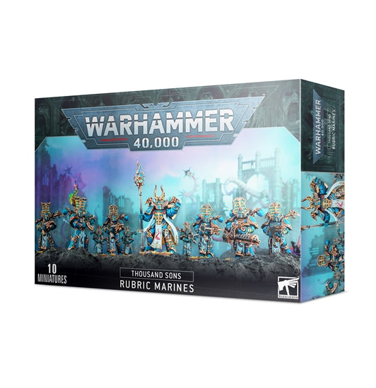 This multi-part plastic kit contains all the parts necessary to assemble 10 Rubric Marines, armed with either Inferno boltguns or warpflamers. One model can be armed with a soulreaper cannon, one can carry an Icon of Flame, and one can be assembled as an Aspiring Sorcerer, who is armed with a force stave and either an Inferno bolt pistol or warpflame pistol. Supplied with 10 Citadel 32mm Round bases.