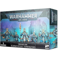 This multi-part plastic kit contains the components necessary to assemble 5 Scarab Occult Terminators, armed with Inferno combi-bolters and khopesh blades. One model can be assembled with an included heavy warpflamer, soulreaper cannon or hellfyre missile rack. One model can be assembled as a Scarab Occult Sorcerer, who can exchange his combi-bolter for an included power sword. Supplied with 5 Citadel 40mm Round bases.