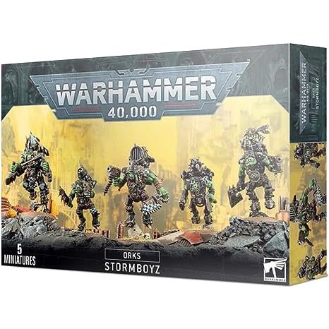 Stormboyz, the shock troops of many successful warbands, dedicate their lives to the time honoured martial disciplines of drilling, marching and hurtling through the air. To this end they go to war strapped to rokkit packs that, when activated propel their wearers forward on great tongues of oily black flame.

This box set contains 5 multipart plastic Ork Stormboyz, including: 10 head variations, 5 different torso-fronts and 5 body variations allowing you to assemble a unique looking squad. This set contain