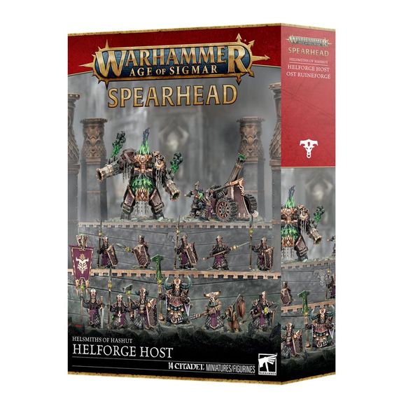 This boxed set builds 14 multipart plastic Helsmiths of Hashut miniatures:
– 1x War Despot
– 1x Dominator Engine
– 1x Tormentor Bombard (which can alternatively be built as a Deathshrieker Rocket Battery)
– 11x Infernal Cohort miniatures
This kit comprises 220 plastic components, 10x Citadel 28.5mm Round Bases, 1x Citadel 25mm Round Base, 1x Citadel 32mm Round Base, 1x Citadel 80mm Round Base, and 1x Citadel 100mm Round Base. These miniatures require assembly and are supplied unpainted – we recommend using