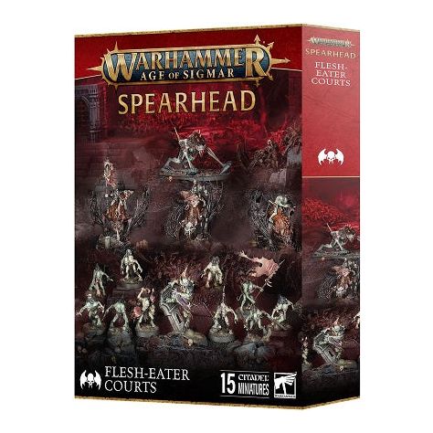 This plastic boxed set builds 15 Flesh-eater Courts miniatures:

– 1x Abhorrant Archregent
– 1x Varghulf Courtier
– 3x Morbheg Knights
– 10x Cryptguard

All models are supplied with their appropriate bases. These miniatures are supplied unpainted and require assembly – we recommend using Citadel Plastic Glue and Citadel Colour paints.