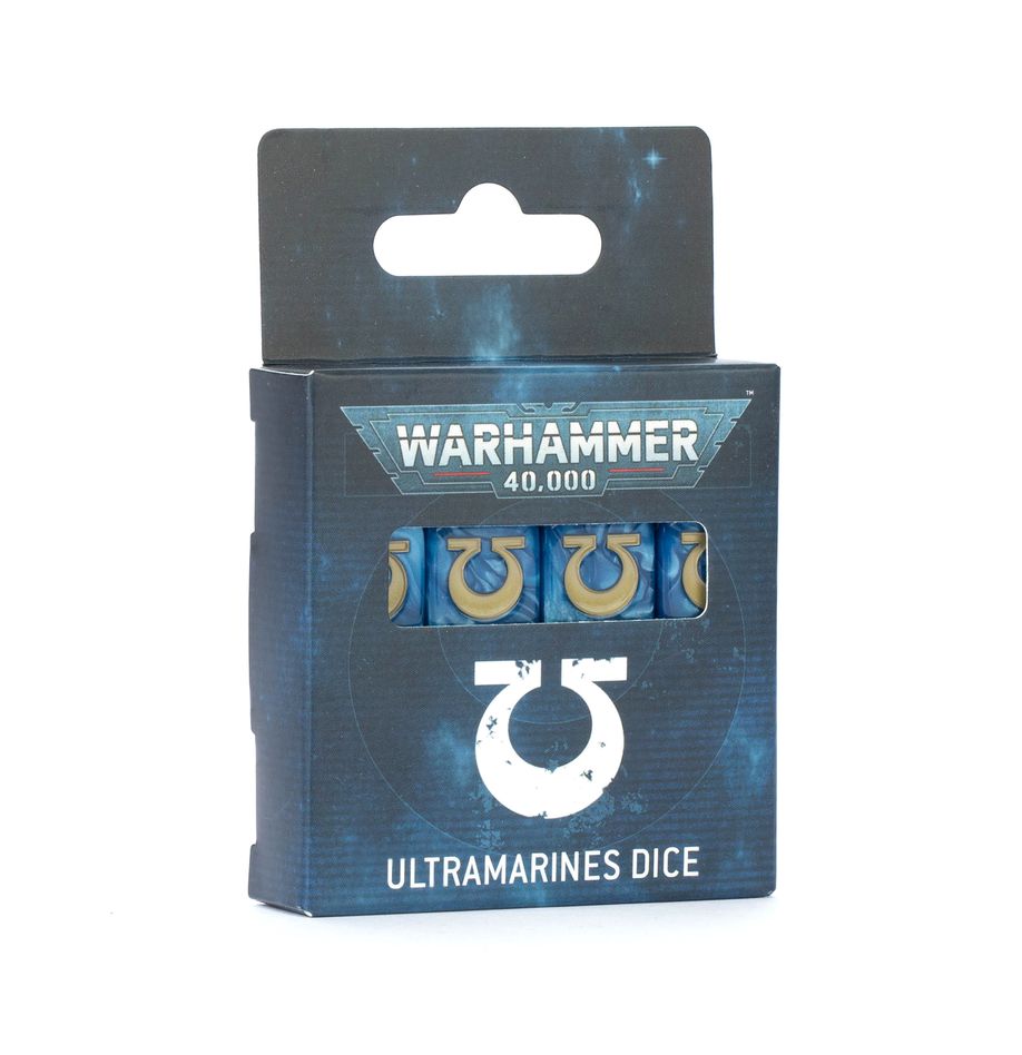16 6 sided dice for Ultramarines. They are in the color of the faction and the "6" on each die is replaced with the faction symbol.