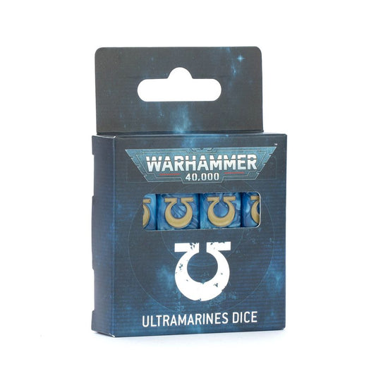 16 6 sided dice for Ultramarines. They are in the color of the faction and the "6" on each die is replaced with the faction symbol.