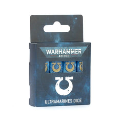 16 6 sided dice for Ultramarines. They are in the color of the faction and the "6" on each die is replaced with the faction symbol.