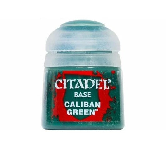 Caliban Green is a Citadel Base paint. Citadel Base paints are high quality acrylic paints specially formulated for basecoating your Citadel miniatures quickly and easily. They are designed to give a smooth matte finish over black or white undercoats with a single layer. This pot contains 12ml of Caliban Green, one of 34 Base paints in the Citadel Paint range. As with all of our paints, it is a non-toxic, water-based acrylic paint designed for use on plastic, metal, and resin Citadel miniatures.