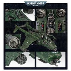 Heavily armed and armoured, Valkyries are agile carrier-gunships with experienced crews. Their pilots weave them through enemy fighters and ground fire to deliver their payload of soldiers, dropping them from high altitude via grav-chutes or hovering at lower levels while the troops jump out to storm the landing zone.

This multipart plastic kit builds one Valkyrie – a twin-engine attack aircraft that can transport troops into battle. It sports a choice of nose-mounted weapon – either a lascannon or multi-l