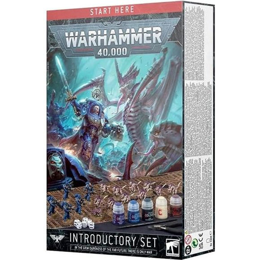 Games Workshop Warhammer 40K: Introductory Set (2023 Version)

Includes:
1x 48-page softcover Warhammer 40,000 Introductory Set Handbook
1x 30" by 22.4" double-sided gaming mat
1x range ruler and 6x dice
22x cardboard tokens and terrain markers
1x Citadel Starter Clippers
1x Citadel Colour Starter Brush

5x Space Marines plastic push-fit Citadel miniatures
- 5x Infernus Marines

11x Tyranids plastic push-fit Citadel miniatures
- 10x Termagants
- 1x Ripper Swarm

5x 12ml Citadel Colour paints
- 1x Wraithbone