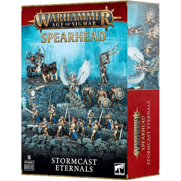 Start a new Stormcast Eternals army or easily add more noble warriors of Azyr to your existing force with this incredible boxed set.
Engage your foes with swift and deadly force as Yndrasta and three mighty Annihilators strike from the heavens like white-hot lightning bolts, whilst your Stormstrike chariot crashes through opponents with meteoric force. A unit of sword-wielding Vanquishers sures up your lines, and the ancient banner held aloft by a noble Knight-Vexillor infuses your Stormcast Eternals with t