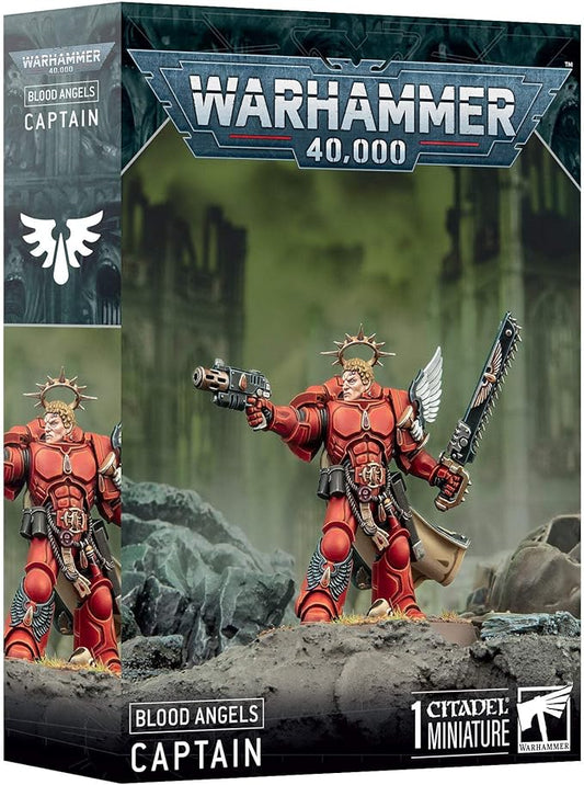 This multipart plastic kit builds a Captain clad in the distinctive finery of the Blood Angels. The left arm wields a power fist, chainsword, or relic weapon. The right can hold a heavy bolt pistol or inferno pistol. There's an optional cloak, three head options, three sculpted shoulder pad icons, and two different toppers for the backpack.