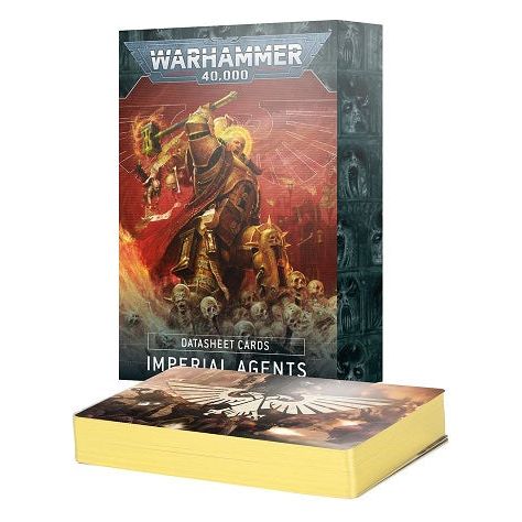 Contents:
- 1x Army Rule Card
- 26x Imperial Agents Datasheet Cards
- 4x Combat Patrol Datasheet Cards

All cards measure 161.5mm by 107.1mm and feature a metallic gold edge.

You'll need a copy of Codex: Imperial Agents, which is available separately, to make full use of these cards.