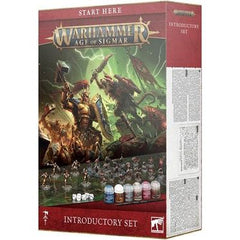 Inside this boxed set you will find:

25x Push-fit, plastic miniatures:
– 5x Stormcast Eternals Liberators
– 20x Skaven Clanrats

1x 48-page handbook
1x Playing mat measuring 30" x 22.4" approx.
1x 12" range ruler
6x Six-sided 'D6' dice

1x Citadel Colour Starter Brush
6x Citadel Colour paints:
– 1x Kantor Blue
– 1x Retributor Armour
– 1x Leadbelcher
– 1x Rakarth Flesh
– 1x Khorne Red
– 1x Steel Legion Drab

This kit comes supplied with 5x Citadel 40mm Round Hex Hole Bases, and 20x Citadel 25mm Round Hex Ho