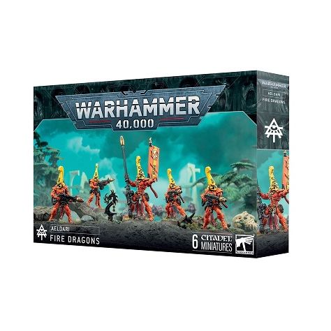 This multipart plastic kit builds five Fire Dragons. This kit comprises 77 plastic components, 5x Citadel 28.5mm Round Bases, and 1x Citadel 25mm Round Base. This set also includes 1x Aeldari Transfer Sheet containing 378 waterslide transfers to customise your miniatures.

The miniatures are supplied unassembled and unpainted – we recommend Citadel Plastic Glue and Citadel Colour paints.