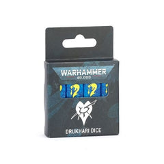 Release Date: 10/11/2025
Contents:
– 16x square-cornered D6 dice, each measuring 16x16x16mm. Each die is in the color of the Drukhari faction, and has the faction symbol.